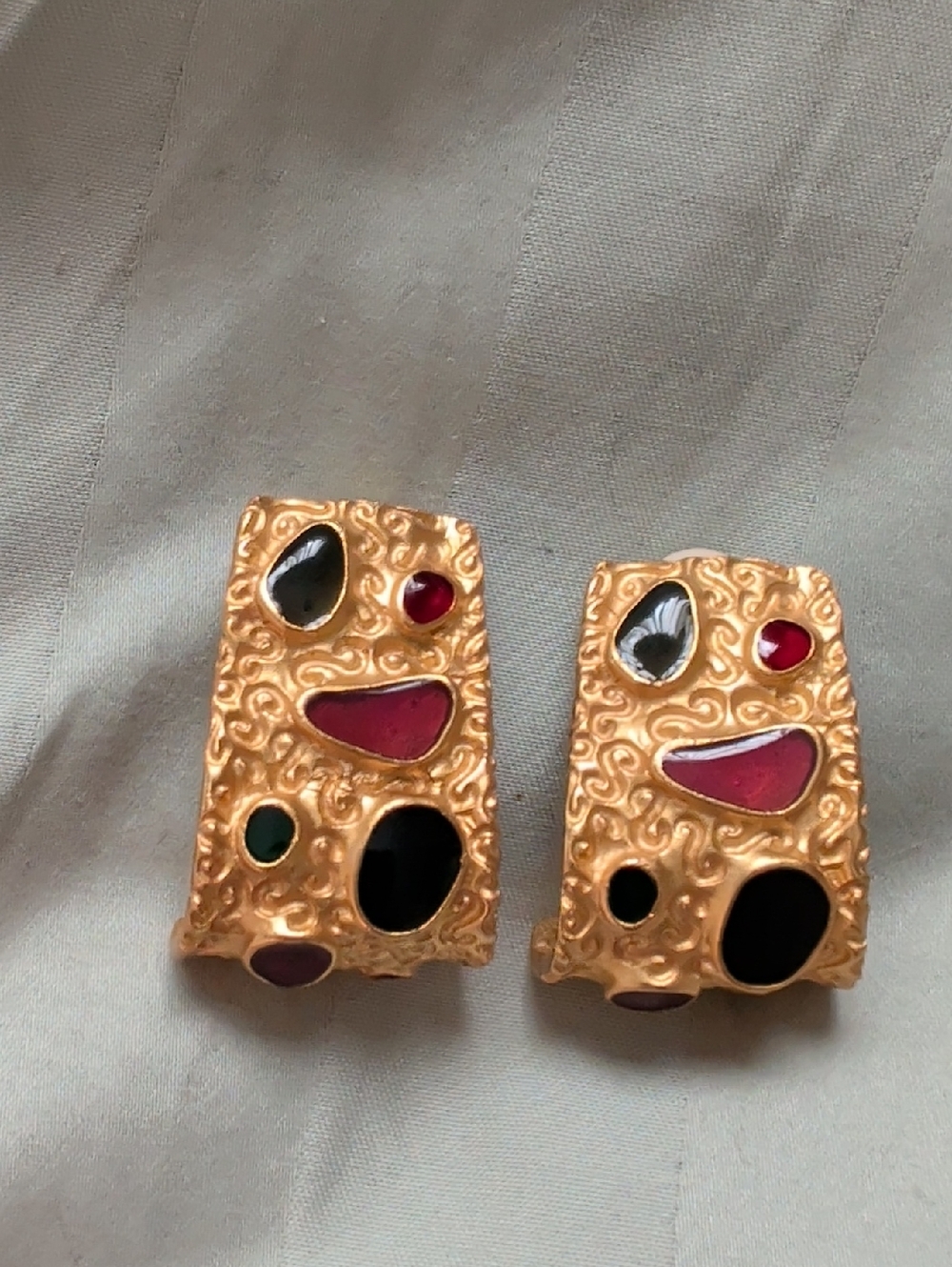 Gold-tone Statement Clip Earrings with Multicolor Cabochons